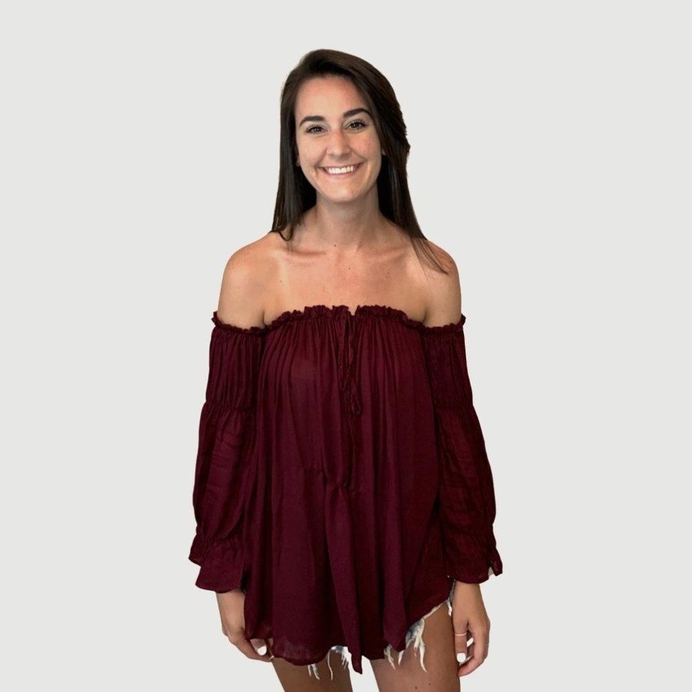 Anna-Kaci Light Boho Off the Shoulder Top Burgundy
